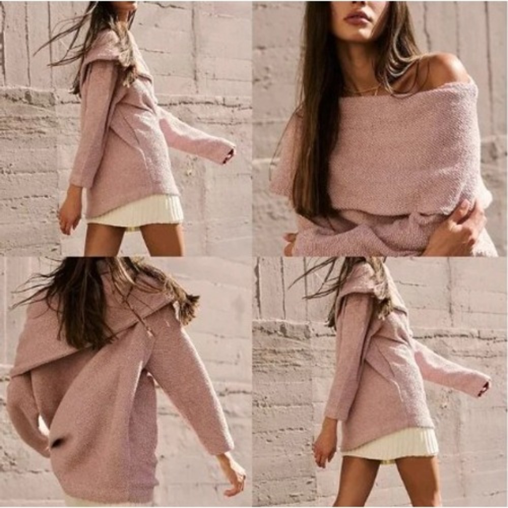 Free People Beach Anya Tunic Sweater Pink Off‎ Shoulder Boucle Knit NWT Small